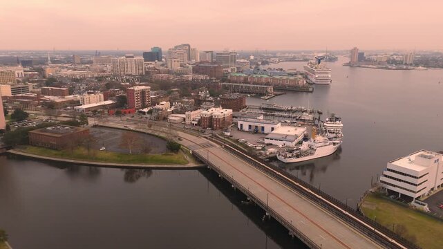 Aerial View of Norfolk Virginia on Elizabeth River and City Skyline