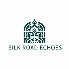 Obraz premium A stylized dark teal logo featuring an intricate archway design with geometric patterns above the text 'SILK ROAD ECHOES' on a white background.