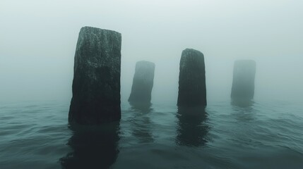 Mysterious stone pillars emerge from the misty waterscape.