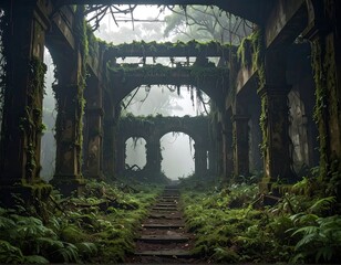Ancient overgrown ruins in a lush forest, creating an eerie atmosphere