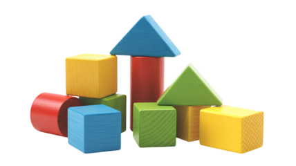 Colorful wooden building blocks stacked together forming a small structure against a