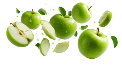 Fresh green apple and sliced half with seeds on black background for healthy food concept