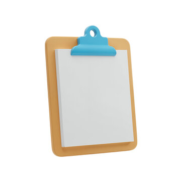 A simple wooden clipboard with a blank white paper sheet and a bright blue clip isolated on transparent background