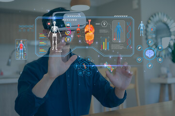 Doctor using virtual reality for health research. Cardiologist with VR glasses analyzes a 3D heart hologram and ECG. Futuristic healthcare, medical technology, metaverse concept