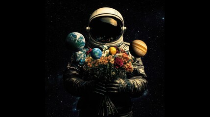 Astronaut in the Void - A Cosmic Bouquet of Planets and Flowers.