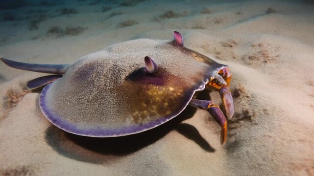 A horseshoe crab-like marine creature with a rounded, brownish-purple shell resting on a sandy ocean floor.