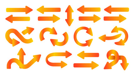 Collection of vibrant orange and yellow gradient arrows showing direction movement and process flow...
