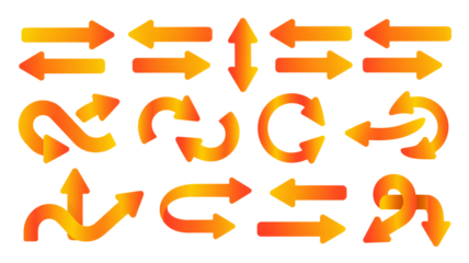 Collection of vibrant orange and yellow gradient arrows showing direction movement and process flow icons