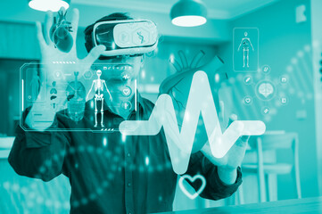 Doctor using virtual reality for health research. Cardiologist with VR glasses analyzes a 3D heart hologram and ECG. Futuristic healthcare, medical technology, metaverse concept