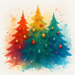 Gruppe Dekorierter Tannen - Aquarell Weihnachtstannen - Natur Weihnachtsb&auml;ume - Sch&ouml;ne Christb&auml;ume - Weihnachtsbaum Design