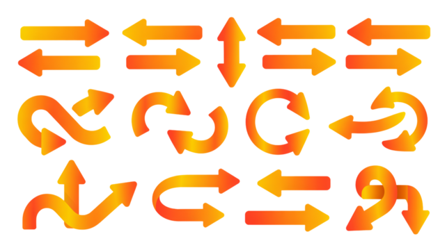 Collection of vibrant orange and yellow gradient arrows showing direction movement and process flow icons - Powered by Adobe
