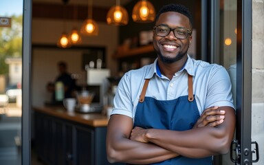 Startup successful african american small business owner sme Smiling owner in blue apron standing at coffee shop entrance leaning on door with open signboard,SME entrepreneur seller business.