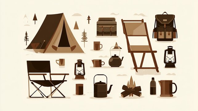 camping, outdoor gear, tent, camp chair, backpack, lantern, campfire, thermos, water bottle, travel mug, camping equipment, hiking gear, adventure, hand-drawn illustration, sketch style, doodle clipar