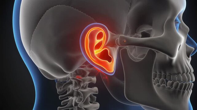 Anatomical animation of the human skull focusing on the ear and stylomastoid foramen