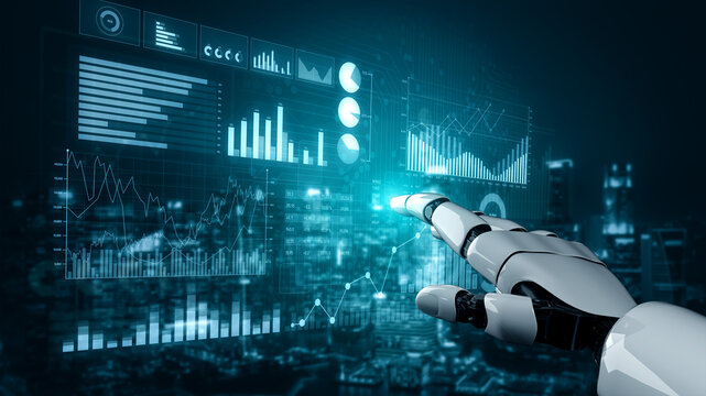 A robotic hand engages with a digital interface, displaying complex data analytics in an illuminated urban landscape, emphasizing technology and innovation in modern environments. Scalp