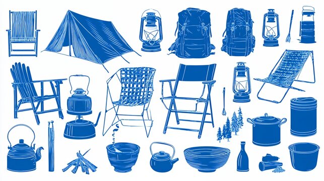 camping, outdoor gear, tent, camp chair, backpack, lantern, campfire, thermos, water bottle, travel mug, camping equipment, hiking gear, adventure, hand-drawn illustration, sketch style, doodle clipar