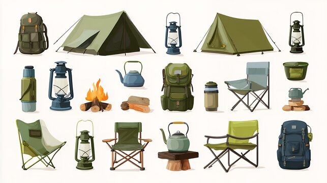 camping, outdoor gear, tent, camp chair, backpack, lantern, campfire, thermos, water bottle, travel mug, camping equipment, hiking gear, adventure, hand-drawn illustration, sketch style, doodle clipar