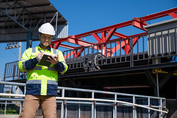 A wastewater treatment plant specialist is inspecting the overall picture of the wastewater treatment plant.