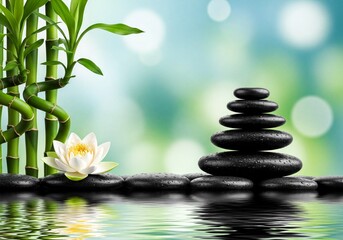 Balanced black zen stones with green bamboo and white lotus flower on water reflection