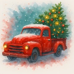 Roter Pickup mit Tannenbaum im Winter - Roter Truck Wallpaper - Weihnachtszeit Illustration