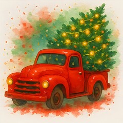 Roter Pickup mit Weihnachtsbaum - Winter Wallpaper - Roter Pickup Truck Design - Weihnachts Illustration