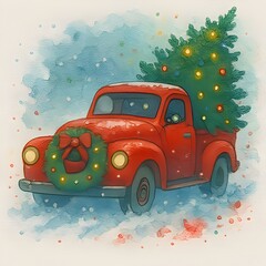 Roter Pickup mit Tannenbaum - Winter Wallpaper - Roter Pickup Truck Design - Weihnachts Illustration
