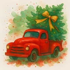 Pickup Truck mit Weihnachtsbaum - Winter Wallpaper - Roter Pickup Truck Design - Weihnachts Illustration