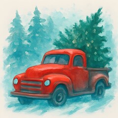 Roter Pickup Truck mit Tannenbaum - Winter Wallpaper - Roter Pickup Truck Design - Weihnachts Illustration