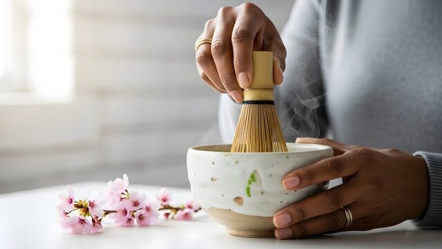 Aged Dark-Skinned Hands Whisking Matcha with Cherry Blossoms - Powered by Adobe