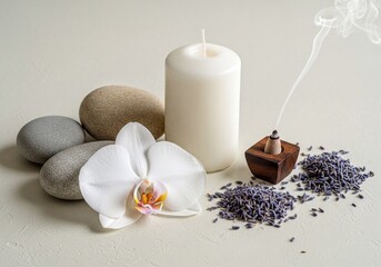 Spa composition with white orchid flower, smooth stones, unlit candle, and burning incense