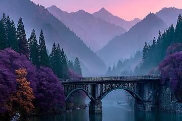 Obraz premium Serene mountain valley with arched bridge and purple foliage at dawn mountains river