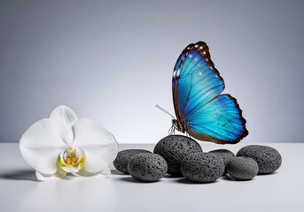 Vibrant blue morpho butterfly rests on volcanic rocks beside a white orchid flower