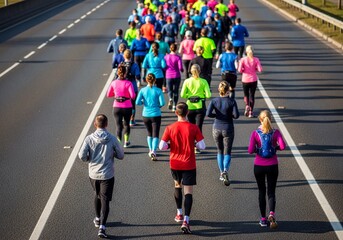Large group of runners participating in a marathon race on a wide paved road from behind