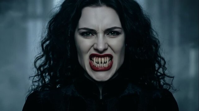 Scary Vampire Woman with Gaunt Face and Green Eyes Revealing Terrifying Fangs in Foggy Room
