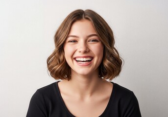 Fototapeta premium Attractive young woman with short wavy brown hair smiling broadly studio portrait