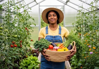 Smiling black woman in greenhouse holding basket of fresh organic vegetables