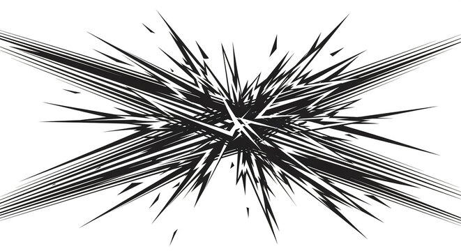 Dynamic abstract black and white vector illustration of an explosive burst effect, featuring sharp, intersecting lines radiating outward with high energy and a modern aesthetic