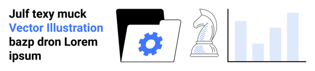 Business strategy, data management, workflow automation, analytics, technology innovation, process improvement. Folder with gear icon, chess knight bar chart. Data management and strategy concept