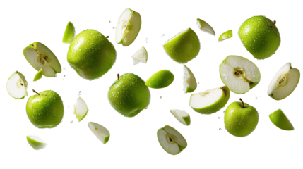 Fresh green apple and sliced half with seeds on black background for healthy food concept