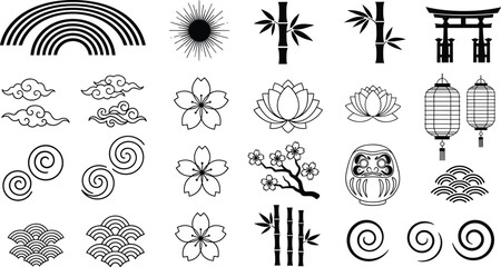 Definitive Oriental Vector Graphic Collection, Featuring Colorful Botanical Elements, Japanese Lanterns, Traditional Frames, Plum Blossom, Bamboo, Cloud Patterns, and Chinese New Year Icons
