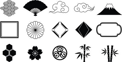 Fototapeta premium Extensive Oriental Vector Graphic Collection, Featuring Colorful Botanical Elements, Japanese Lanterns, Traditional Frames, Plum Blossom, Bamboo, Cloud Patterns, and Chinese New Year Icons
