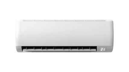Modern white wall mounted air conditioner unit displaying twenty one degrees