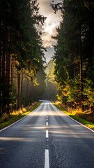Obraz premium Asphalt road through a lush forest, sunlight filtering through