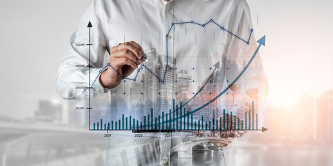 Business analyst uses advanced tools to illustrate financial growth. The scene captures a dynamic city background, emphasizing success through data analysis and visualization. Scalp