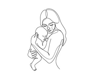 Minimalist One Line Mother and Baby Illustration &ndash; Modern Abstract Wall Art