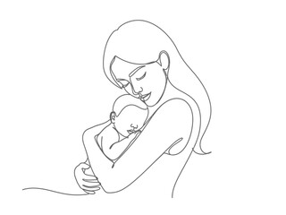 Minimalist One Line Mother and Baby Illustration &ndash; Modern Abstract Wall Art