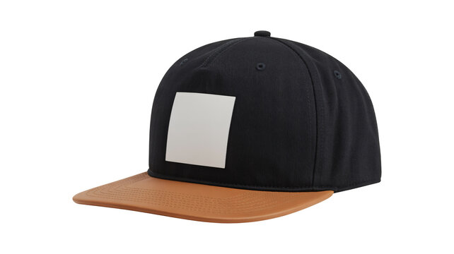 Black snapback cap with brown leather brim and blank white square patch mockup