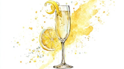 Watercolor illustration of a cocktail glass with lemon and yellow splash