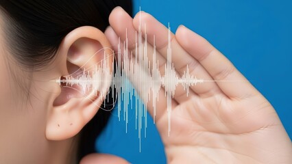 A person's ear and cupped hand with an overlaid sound wave graphic, symbolizing listening and hearing
