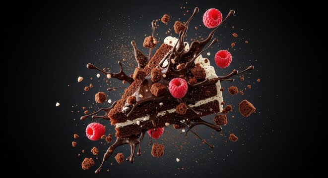 Decadent slice of dark chocolate layer cake explodes with liquid topping and fresh berries